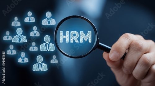 Magnifying glass focused on HRM concept with sketched people icons