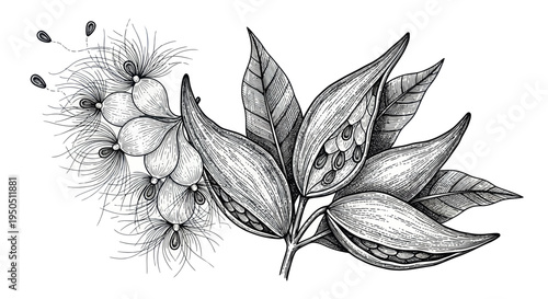 Botanical Sketch: Milkweed Seed Pods and Flowers, Black and White Illustration