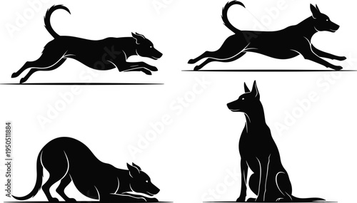 Dog silhouette vector illustration set, running playful sitting poses, black and white pet artwork, domestic animal design, canine behavior graphic collection