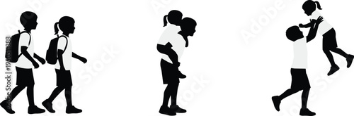 School children and siblings set with students walking with backpacks cad drawing flat vector illustration for primary education and family.