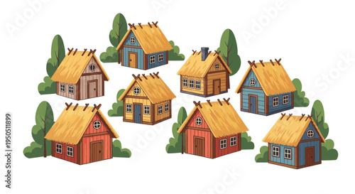 Charming Rustic Village Scene with Colorful Thatched Roof Cottages and Green Trees