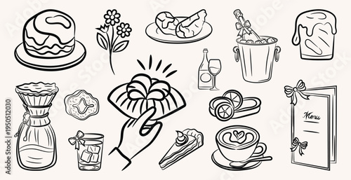 Hand Drawing stylish line art chalk food vector illustration collection, Dinner table or variety style chalk food vector set design