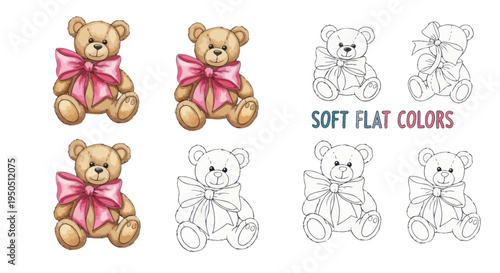 Cute Teddy Bear Illustrations: Watercolor, Line Art, and Color Variations