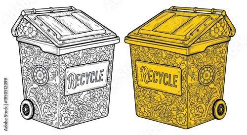 Decorative Recycling Bin with Floral Pattern - Line Art and Color Version