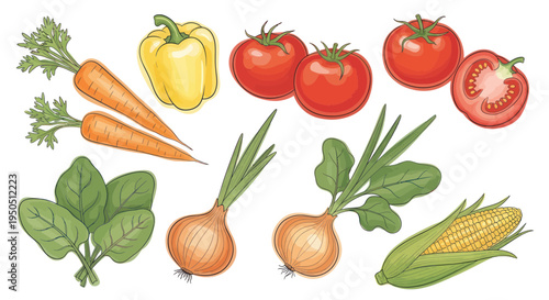 Fresh Vegetables Assortment: Carrots, Tomatoes, Bell Pepper, Onions, Corn, Spinach