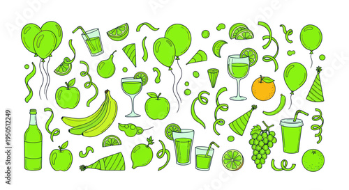 Green Party Elements: Balloons, Drinks, Fruits, and Confetti - Festive Doodle Collection