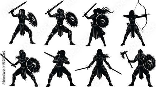 Female warrior silhouette vector illustration set, sword shield bow axe poses, medieval fighters, fantasy battle characters, armored combat design artwork collection