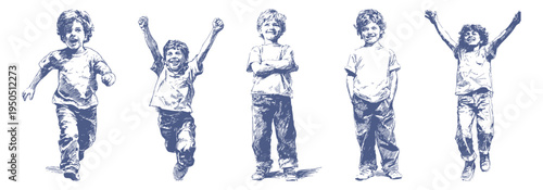 Happy running children joyful poses vintage pencil illustration. Kids jump, run and celebrate with raised hands and smiling faces. Banner for school advertising in detailed hand sketch style.