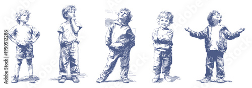 Thoughtful children expressive poses emotional vintage pencil sketch illustration. Kids show curiosity, confidence and different moods. Banner for psychology articles in realistic hand drawn style.