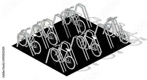 Modern Bicycle Rack with Multiple Bikes, Isometric View, Minimalist Design