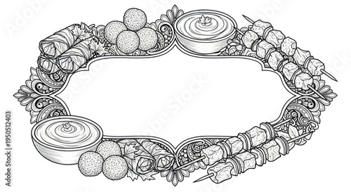 Middle Eastern Food Frame with Falafel, Shawarma, Kebabs and Dips - Line Art