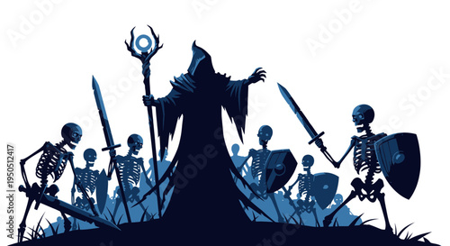 Necromancer Commanding Skeleton Army with Swords and Shields