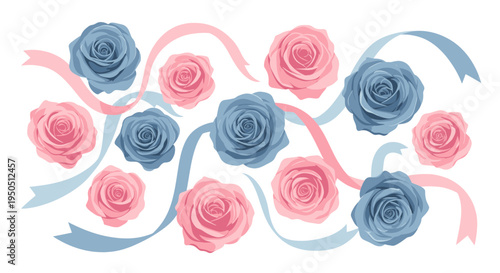 Pink and Blue Roses with Flowing Ribbons - Floral Celebration Background