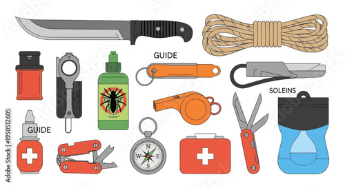 Survival Gear Kit: Knife, Rope, Compass, First Aid, Whistle, Multi-tool, Lighter