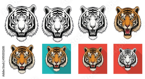 Картината върху платно Tiger Head Illustrations Set: Realistic and Stylized Portraits