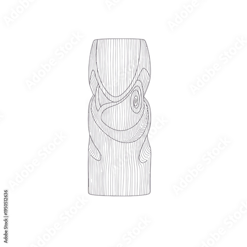 Intricately carved wooden column with swirling patterns and textured details on white background