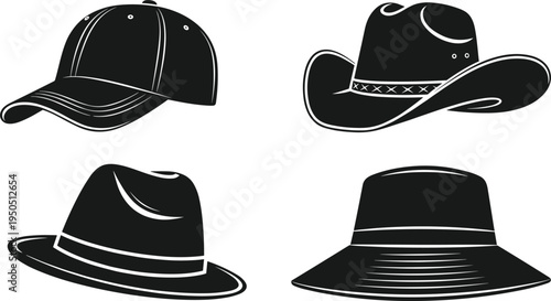 Hat silhouette vector illustration set, baseball cap cowboy fedora bucket hat designs, black and white fashion accessory artwork, stylish headwear graphic collection