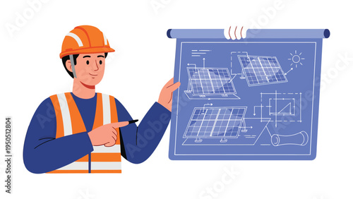 Sustainable Blueprint: An engineer in a construction site, meticulously displaying a blueprint with solar panel, representing progress and a greener tomorrow. 