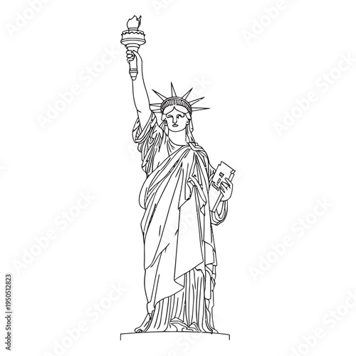 Statue of liberty illustration holding torch and tablet with flowing robes and crown on plain white background