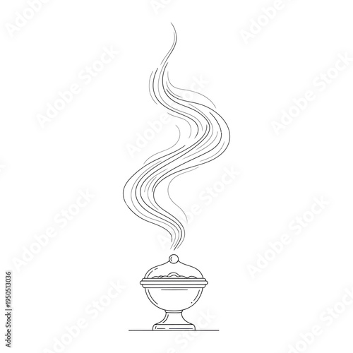 Detailed line drawing of a covered serving dish with rising steam on a simple base isolated on a white background for culinary or restaurant concepts