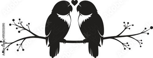 PrintLove birds silhouette vector illustration, romantic couple perched on branch with heart, black and white affection artwork, nature relationship design graphic