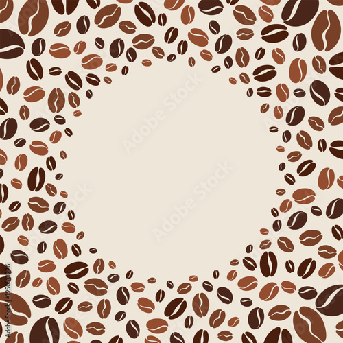 Round coffee bean frame on beige background, vector illustration, flat design. Coffee background element for a web page, design, branding, banner, social media, packaging with a place for text
