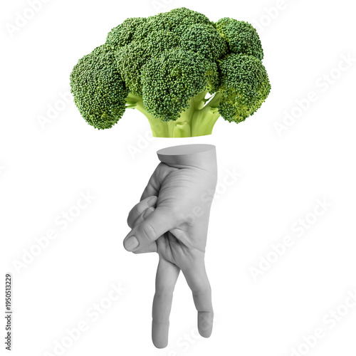 Broccoli floret as tree over walking hand fingers. Creative healthy eating concept for social media or menu cover. Part of series. Minimalist art collage