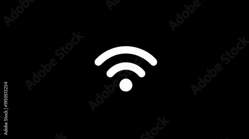 Simple white Wi-Fi symbol indicating wireless internet connectivity, data transfer, and digital communication on black background.