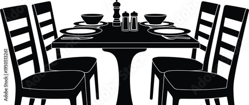 Dining, Table, Chairs, Plates, Bowls, Forks, Knives, Condiments, Salt, Pepper, Seasoning, Meal, Food, Dinner, Lunch, Setup, Arrangement, Utensils, Silhouette, Illustration, Artwork