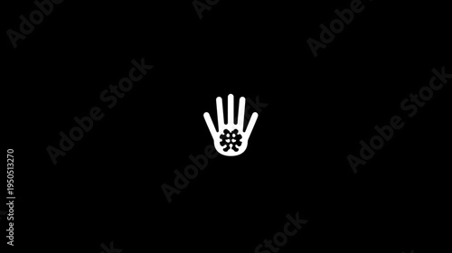White stylized hand icon with virus symbol in palm on black background, representing health protection and disease prevention.