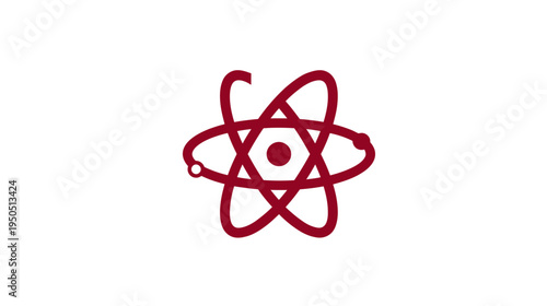 Abstract red atom symbol with orbiting electrons on white background, representing science, physics, and technology concepts.