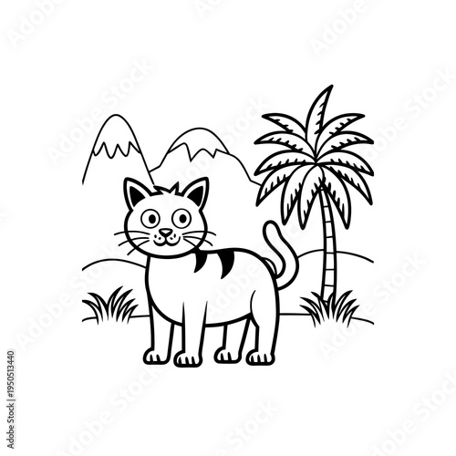 A cute cartoon cat stands in a landscape with mountains and a palm tree, black and white line art.