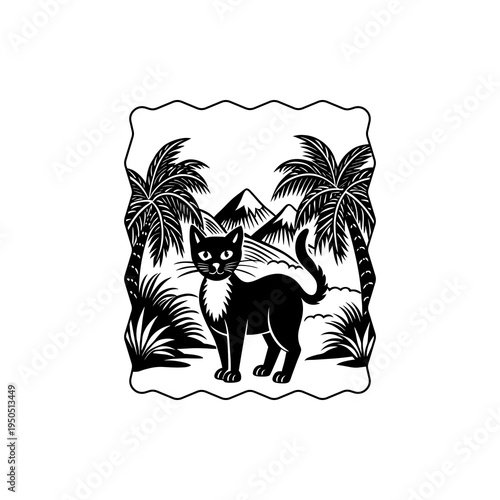 Black cat with white chest in a tropical landscape with palm trees and mountains, black and white illustration.