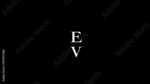 Elegant stacked white serif letters E and V on a black background, clean minimalist typographic design element