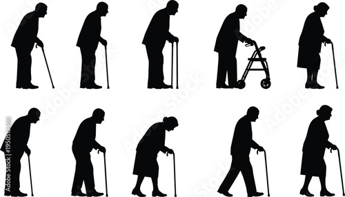 Elderly people silhouette collection, cad drawing flat vector illustration, flavector set of senior citizens using walking sticks and walker frame.Elderly people 