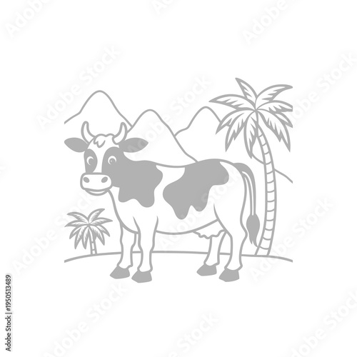 A cartoon cow with spots stands in a tropical landscape featuring mountains and palm trees.