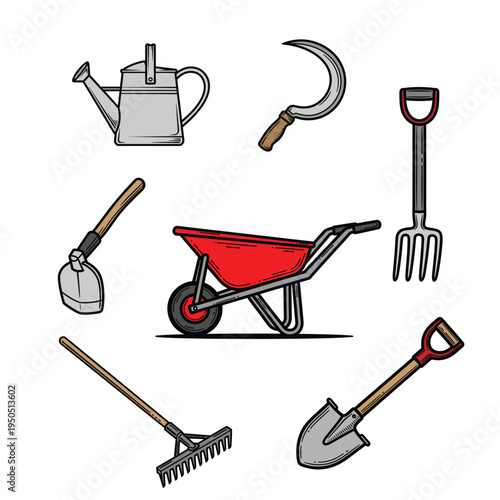 Set of gardening tools illustrations, including watering can, hoe, rake, shovel, wheelbarrow, and sickle