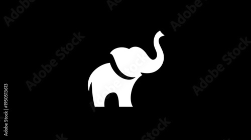 Minimalist white elephant silhouette with trunk raised on a plain black background, abstract animal graphic design.