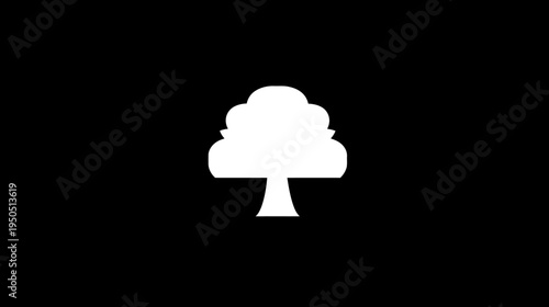 Simple white tree silhouette graphic icon on a dark black background, minimalist design and natural symbol