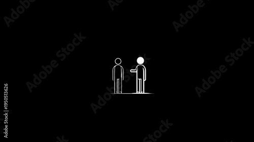Two minimalist white people icons on black background, depicting a handshake or connection. Abstract concept of communication, agreement, and partnership.