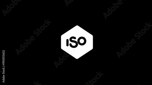 Modern ISO graphic symbol within a white hexagon on a minimalist black background, conceptual design for quality and standardization.