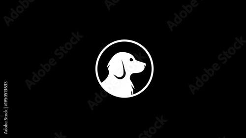 White dog head silhouette icon in a black and white circular frame. Modern minimalist graphic design element for pet and animal themes.