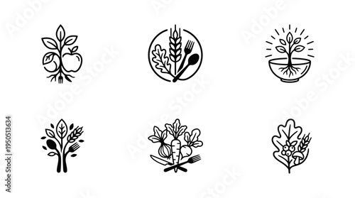 A collection of six black and white logos for food brands