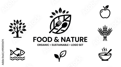 A set of organic and sustainable food and nature logos on a white background