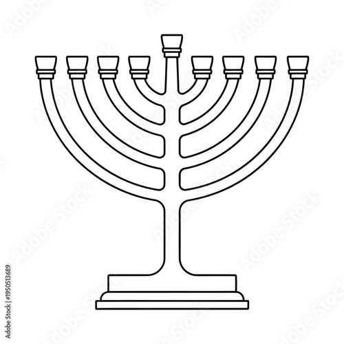 Traditional nine branched menorah candelabrum with clean minimalist outline design symbolizing jewish culture and hanukkah