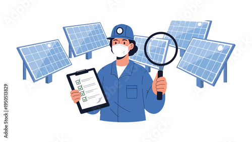 Solar Panel Inspector: An inspector, donned in professional attire, diligently examines solar panels using a magnifying glass.