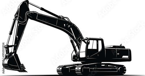 Excavator heavy machinery construction equipment silhouette industrial vehicle digger cad drawing flat vector illustration flavector building site work power tool,