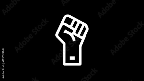 Raised white fist icon on black background, symbolizing strength, protest, solidarity, revolution, power, and empowerment. Graphic illustration.