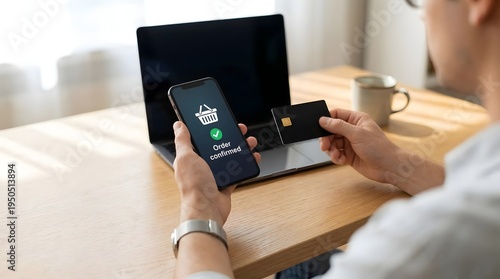 Woman using smartphone and credit card for online shopping in bright natural lighting for e-commerce