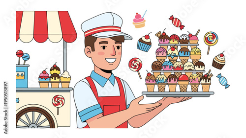 Ice Cream Vendor's Delight: An ice cream vendor presents a delightful array of colorful ice cream cones, lollipops and sweets from a classic cart. It's a whimsical scene that evokes joy and nostalgia.